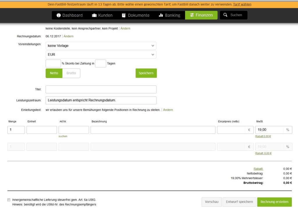 Screenshot der Rechnung Erstellen Funktion von Fastbill