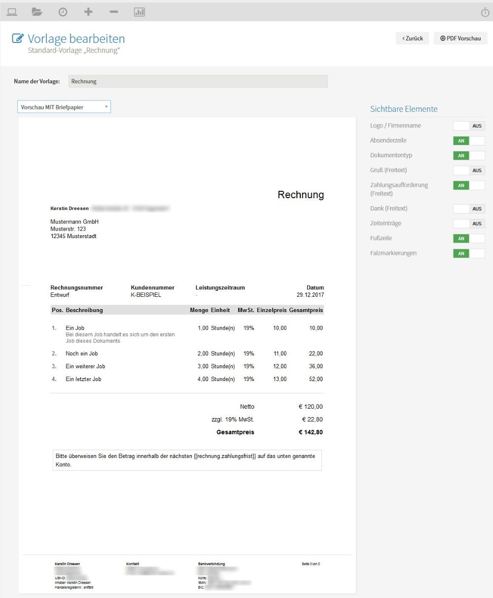 Rechnungsvorlagen von Papierkram im Screenhot
